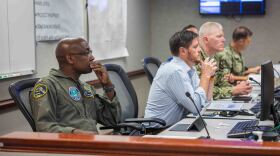 From left to right: Rear Adm. Stephen Barnett, commander of Navy Region Hawaiʻi; Brendan Owens, assistant secretary of defense for energy, installation and environment; Vice Adm. John Wade, Joint Task Force-Red Hill commander; and Capt. Ted Carlson, Navy Region Hawaiʻi chief of staff. They attended the defueling commencement brief on Oct. 16, 2023, at Joint Base Pearl Harbor-Hickam, Hawaiʻi.