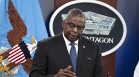 FILE - Secretary of Defense Lloyd Austin speaks during a news conference with Chairman of the Joint Chiefs of Staff Gen. Mark Milley at the Pentagon in Washington, on July 18, 2023. Austin met with Papua New Guinea leaders on Thursday, July 27, 2023 to discuss developing the Pacific Island nation’s military strength and deepening security ties, as the United States competes with China for influence in the Indo-Pacific region. 