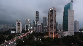 The central business district skyline is seen at dusk on Monday in Jakarta, Indonesia.