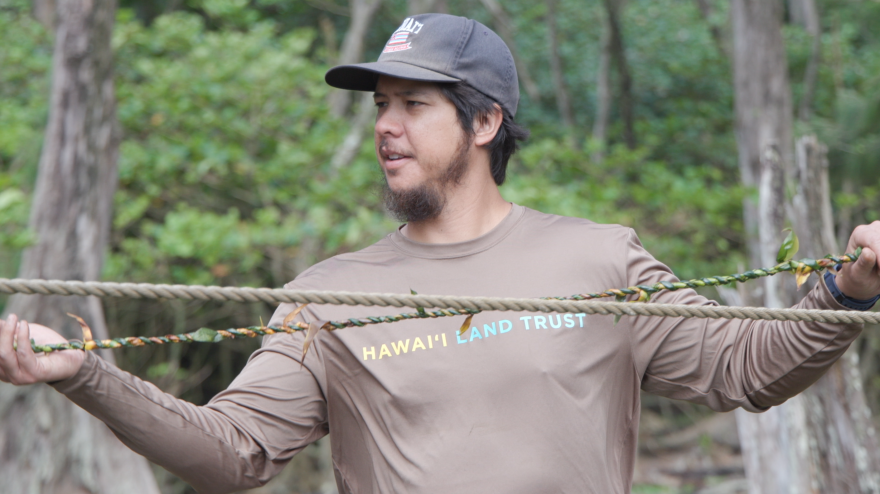 Niuliʻi resident and Kohala High School teacher Aoloa Patao strings up the ti-leaf lei along a rope in Pololū Valley.