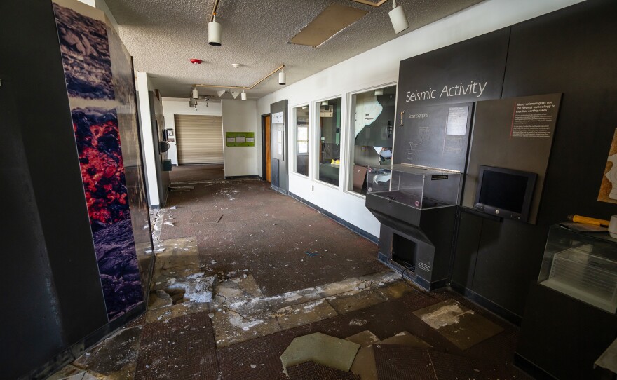 Interior of Jaggar Museum showing extensive cracking in the foundation and old exhibits. (Jan. 26, 2024)