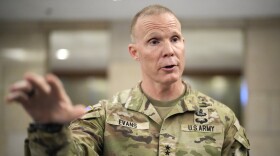 FILE - U.S. Maj. Gen. Marcus Evans, Commanding General of the U.S. Army's 25th Infantry Division, gestures during an interview with The Associated Press on Feb. 8, 2024, in Manila, Philippines. The U.S. Army is introducing a new joint battlefield training in the Philippines aimed at boosting combat readiness and efficiency, including the adequate provision of ammunition and other supplies in difficult tropical jungle and archipelagic conditions, Evans said Sunday, April 7, 2024. (AP Photo/Aaron Favila, File)