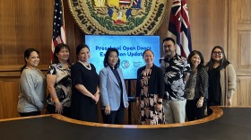 Lieutenant Governor Sylvia Luke, Department of Human Services Director Cathy Betts and childcare advocate Lauren Danner present the expanded Preschool Open Doors program.