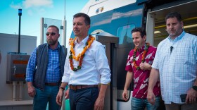 U.S. Transportation Secretary Pete Buttigieg exits the Honolulu rail with U.S. Sen. Brian Schatz in tow. (Feb. 22, 2024)