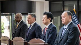 U.S. Secretary of Defense Lloyd Austin III, Australian Deputy Prime Minister and Minister for Defence Richard Marles, Japanese Minister of Defense Kihara Minoru, and Secretary of National Defense of Philippines Gilbert Teodoro speak at U.S. Indo-Pacific Command headquarters, Camp H.M. Smith, Hawaiʻi, May 2, 2024.