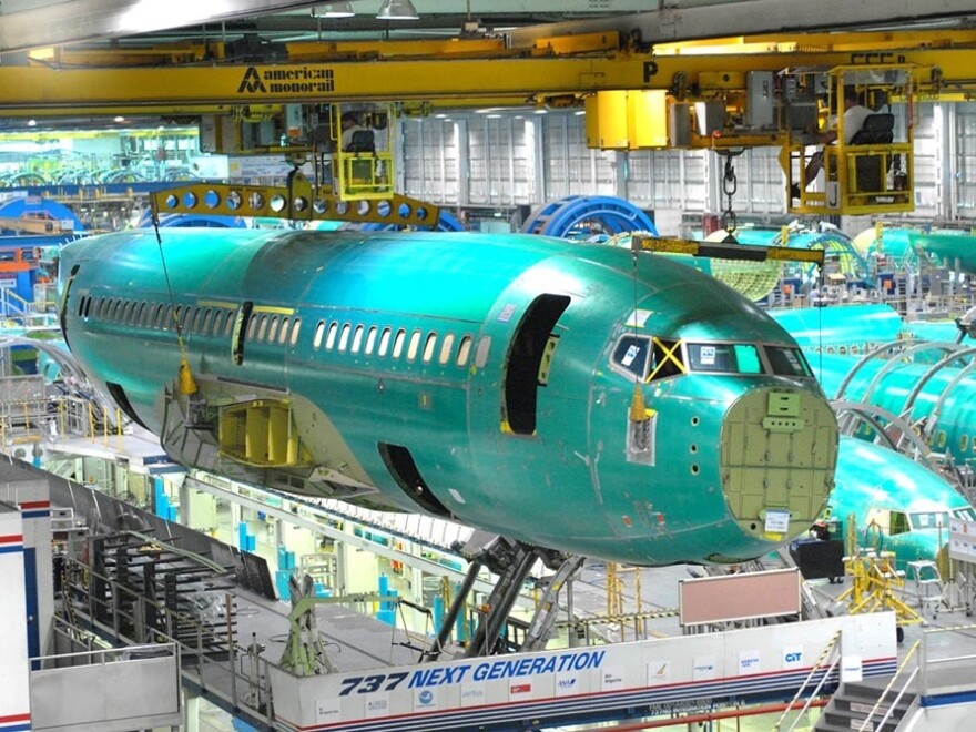 The unfinished fuselage of a Boeing 737 at the Spirit AeroSystems factory in Wichita, Kan.  