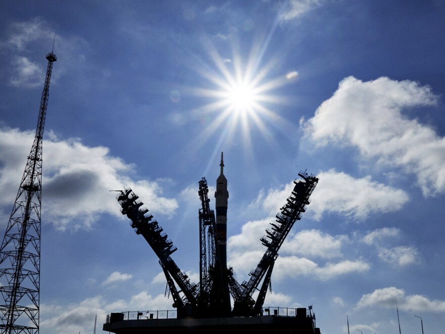 A recent Russian space launch placed a satellite onto the same orbital plane as a U.S. satellite, the Pentagon says. Here, a Soyuz-2.1a rocket booster with the Soyuz MS-24 spacecraft sits at the launch pad at the Russian-leased Baikonur cosmodrome in Kazakhstan last September. 