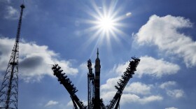 A recent Russian space launch placed a satellite onto the same orbital plane as a U.S. satellite, the Pentagon says. Here, a Soyuz-2.1a rocket booster with the Soyuz MS-24 spacecraft sits at the launch pad at the Russian-leased Baikonur cosmodrome in Kazakhstan last September. 