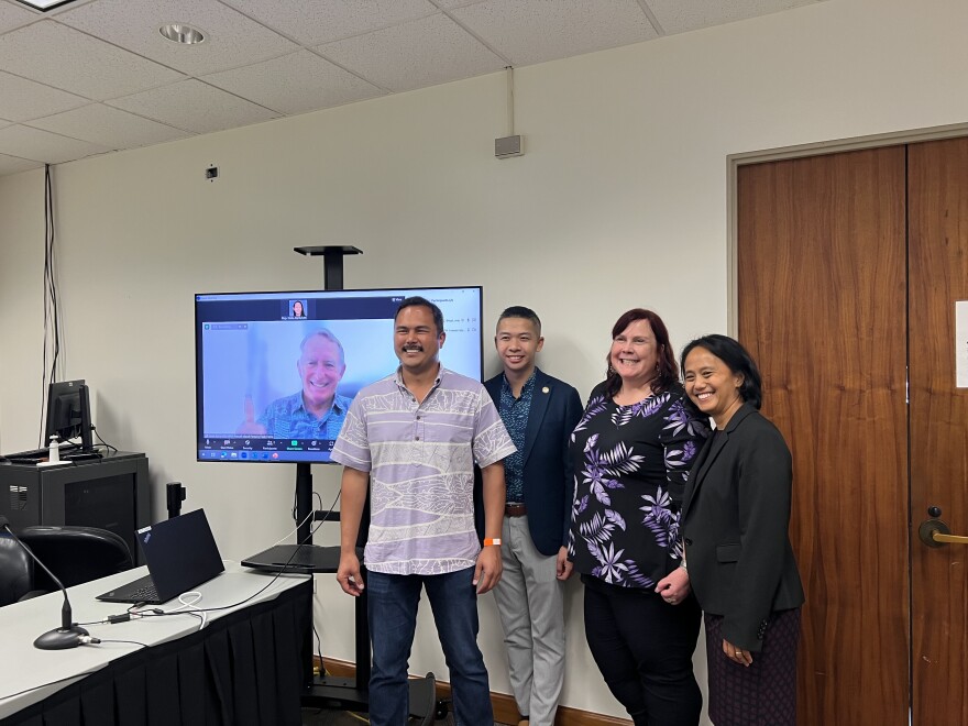 Rep. Della Au Bellati, Rep. Adrian Tam, Honolulu City Councilmember Tyler Dos Santos Tam, Hawaii Health & Harm Reduction Center Executive Director Heather Lusk and Hawaii Island Opioid Taskforce leader Dr. Kevin Kunz discuss legislation related to opioid substance abuse.