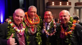 (Left to right) Big Island Mayor Mitch Roth, Maui County Mayor Richard Bissen, Kauaʻi Mayor Derek Kawakami and Honolulu Mayor Rick Blangiardi attend Bissen's State of the County address at the Maui Arts & Cultural Center on March 15, 2024.