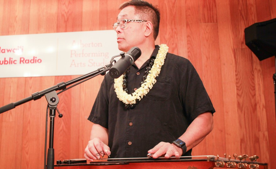 Pōmaikaʻi was joined by Halehaku Seabury-Akaka, Kama Hokins, Alan Akaka, and Mālie Lyman for an evening of traditional Hawaiian mele and moʻolelo at the Atherton Performing Arts Studio.