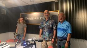 From right to left: University of Hawaiʻi Sociology Department faculty member Cullen Hayashida, CyberHawaii President and CEO Al Ogata, and The Conversation's Maddie Bender at Hawaiʻi Public Radio. (May 21, 2024)