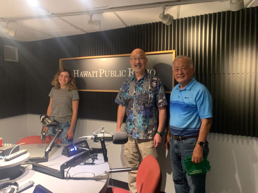 From right to left: University of Hawaiʻi Sociology Department faculty member Cullen Hayashida, CyberHawaii President and CEO Al Ogata, and The Conversation's Maddie Bender at Hawaiʻi Public Radio. (May 21, 2024)