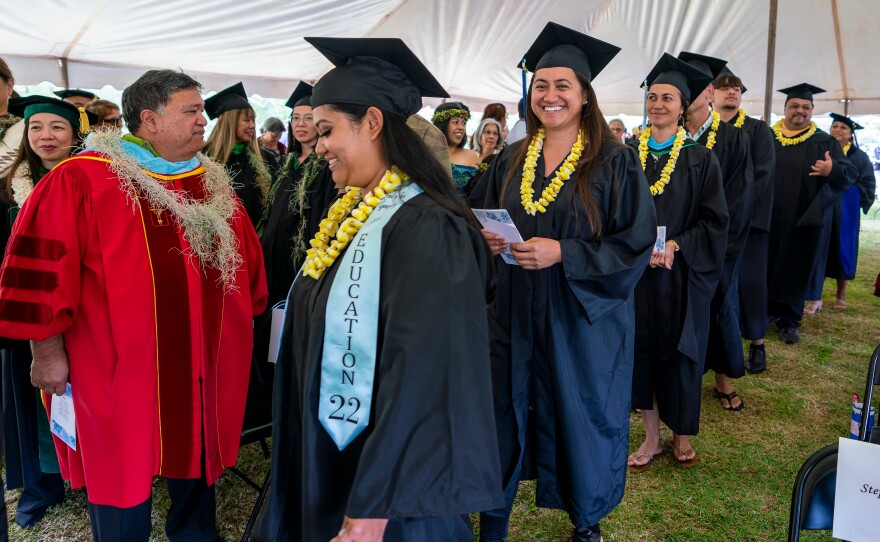 Graduates of UH Maui College Molokaʻi Education Center walk in their commencement ceremony on May 10, 2024.