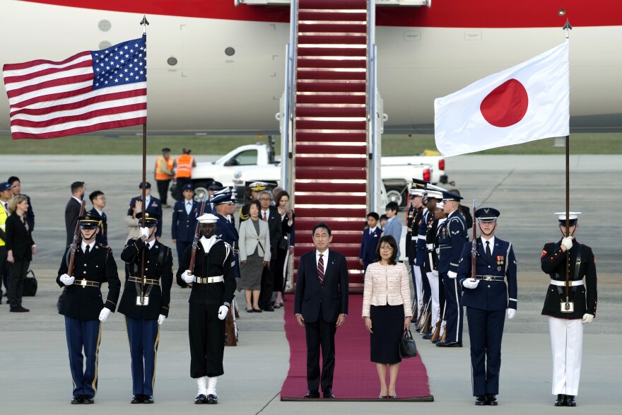 Japan's Prime Minister Fumio Kishida, center left, and his wife Yuko Kishida, center right, participate in an arrival ceremony at Andrews Air Force Base, Md., Monday, April 8, 2024. President Joe Biden will host a State Dinner for Kishida during his official visit to the United States on Wednesday. (AP Photo/Susan Walsh)