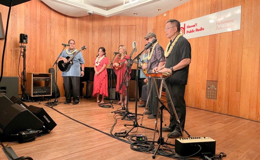 Pōmaikaʻi was joined by Halehaku Seabury, Kama Hokins, Alan Akaka, and Mālie Lyman for an evening of traditional Hawaiian mele and moʻolelo at the Atherton Performing Arts Studio.