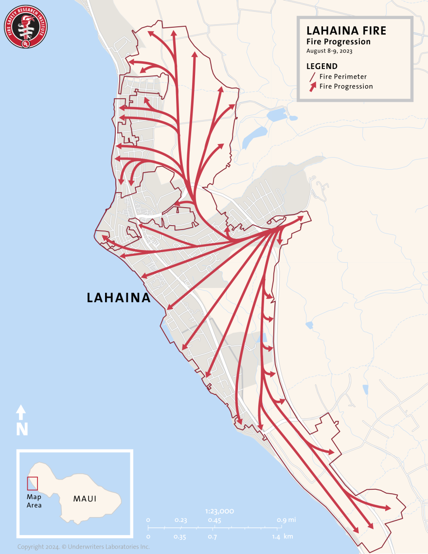 A map produced by FSRI of the Lahaina fire's progression on Aug. 8 and 9, 2023.