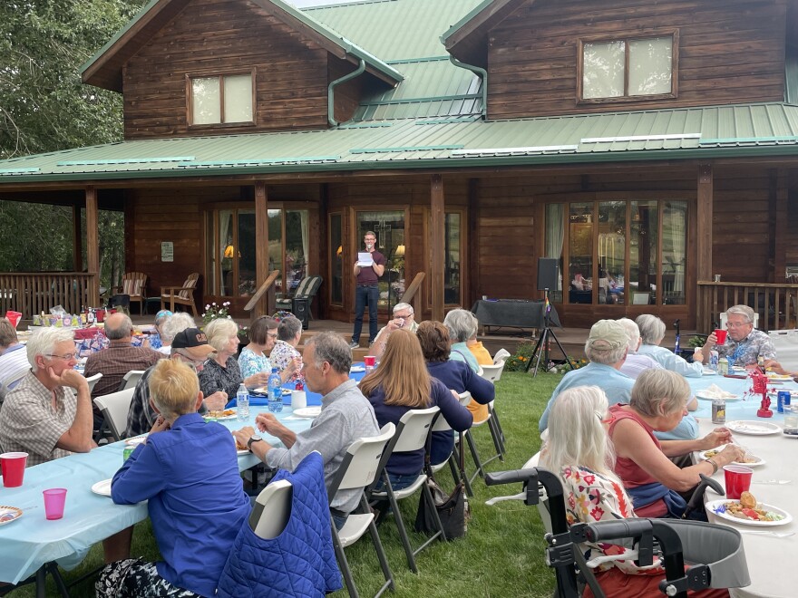 Tommy Flanagan, a political organizer who ran for the Montana House of Representatives last year, addresses a crowd gathered for the newly revived Stillwater County Democratic Central Committee.