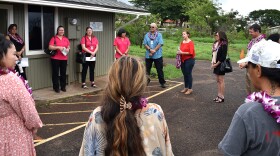 MEO Early Childhood Services Director Debbi Amaral leads a program to bless the Head Start site at Princess Nahienaena Elementary School.