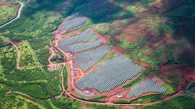 FILE - An aerial photo of the solar panels on 66 acres of agricultural land near UH West Oʻahu in Kapolei. (Feb. 15, 2023)