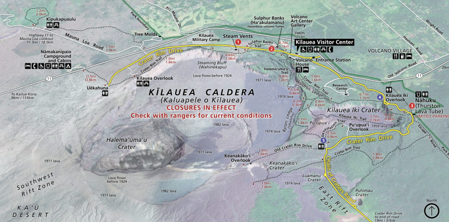 A map of the visitor sites around Kīlauea Caldera at Hawaiʻi Volcanoes National Park.