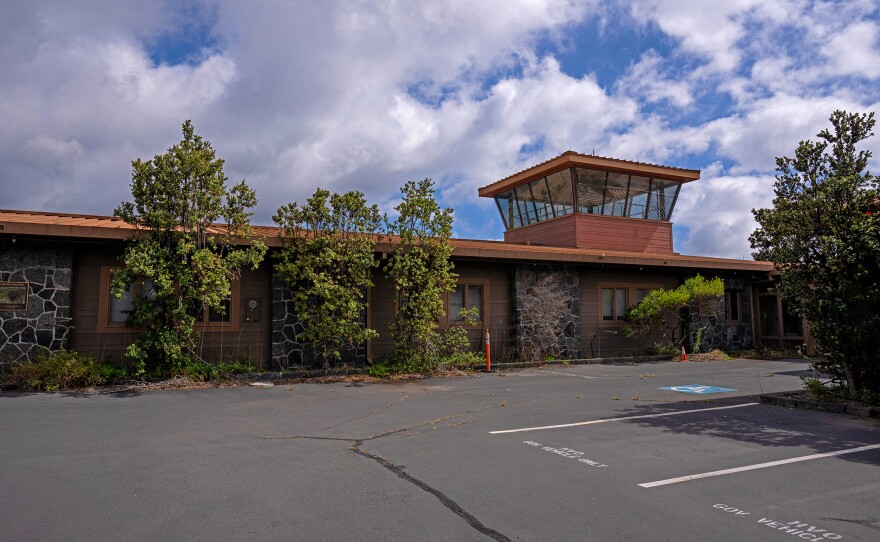 The former USGS Okamura Building and observation tower, slated for deconstruction. (Jan. 26, 2024)