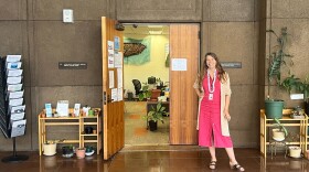 Outgoing Public Access Room coordinator Virginia Beck stands outside the office in Room 401 at the Hawaiʻi State Capitol on May 29, 2024.