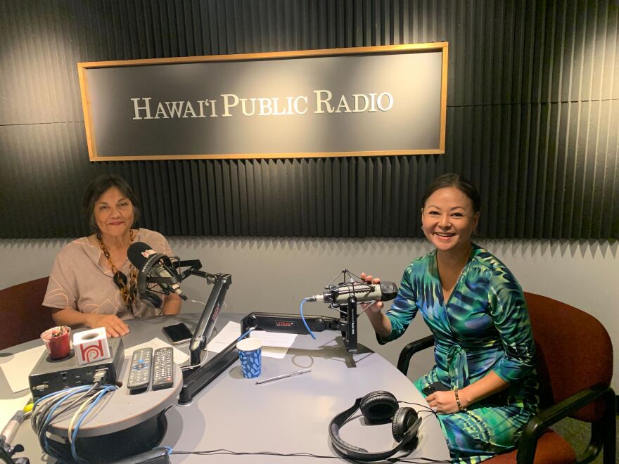 Avalon Group CEO and President Christine Camp, right, with The Conversation host Catherine Cruz at Hawaiʻi Public Radio on March 4, 2024.