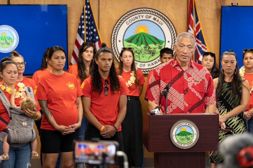 Maui County and Lahaina Strong held a press conference in which Mayor Richard Bissen announced proposed county legislation to phase out certain short-term rentals on Maui. (May 2, 2024)