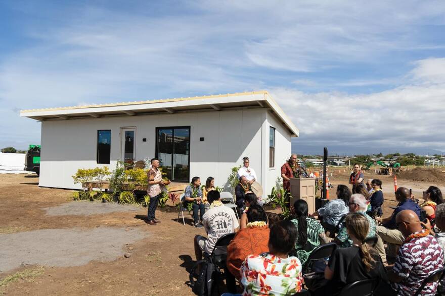 Ke Ao Maluhia's first modular home received a blessing on April 30 after a press conference at the site.