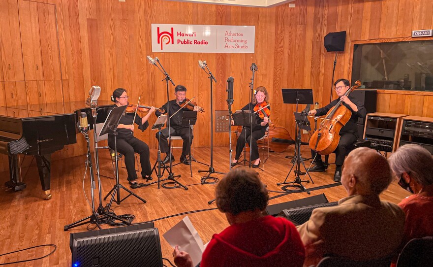 The Galliard String Quartet teamed up with two-time Grammy nominee and multiple Nā Hōkū Hanohano award recipient, Raiatea Helm, to perform a selection from “Songs of Liliʻuokalani.”