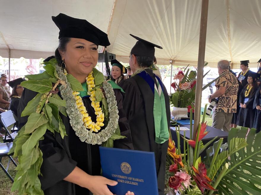 Pūlama Lima received her PhD in anthropology from UH Mānoa, becoming the first Molokaʻi resident to graduate with a doctorate in a Molokaʻi commencement.