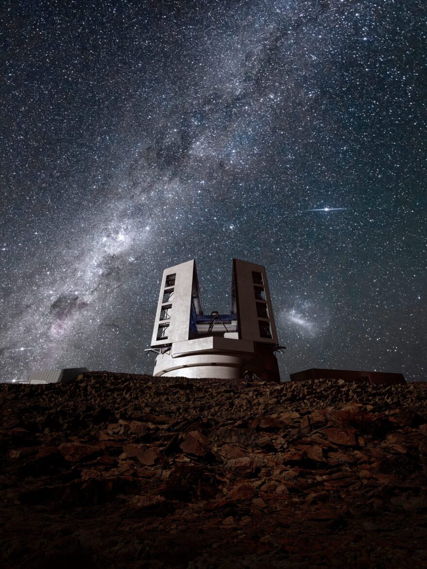 Nighttime exterior telescope rendering of the Giant Magellan Telescope (GMT) under construction in Las Campanas, Chile. The GMT is competing against the Thirty Meter Telescope for the $1.6 billion budget currently being considered by the National Science Board.