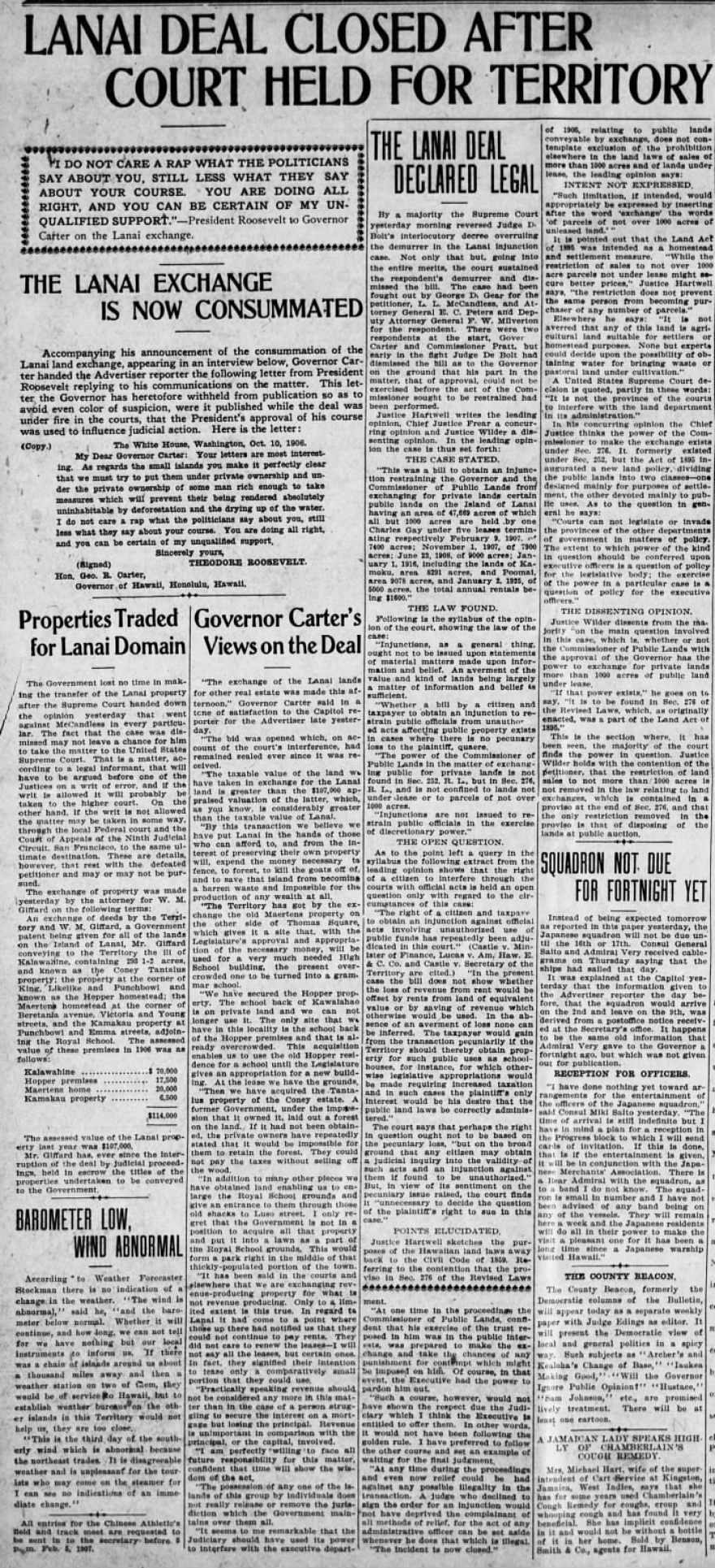  The Hawaiian Gazette articles on the Lānaʻi exchange from 1906.